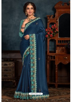 Navy Blue Latest Designer Party Wear Poly Silk Sari