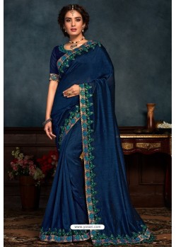 Navy Blue Latest Designer Party Wear Poly Silk Sari