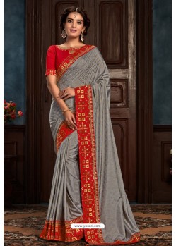 Grey Latest Designer Party Wear Poly Silk Sari