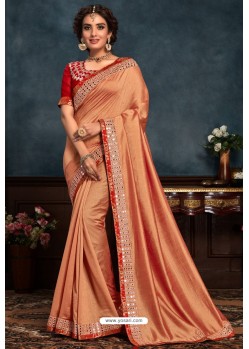 Light Orange Latest Designer Party Wear Poly Silk Sari