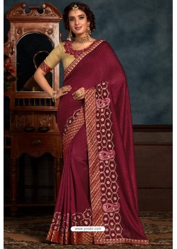 Wine Latest Designer Party Wear Poly Silk Sari