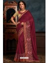 Wine Latest Designer Party Wear Poly Silk Sari