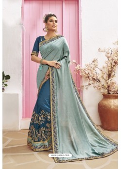 Teal Blue Designer Party Wear Chanderi Silk Wedding Sari