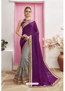 Grey Designer Party Wear Chanderi Silk Wedding Sari