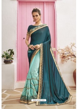 Teal Blue Designer Party Wear Chanderi Silk Wedding Sari