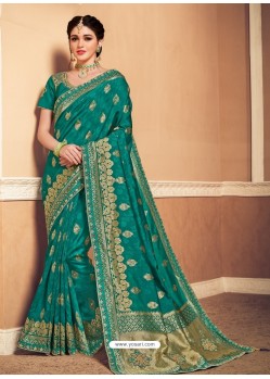 Teal Latest Designer Party Wear Banarasi Silk Sari