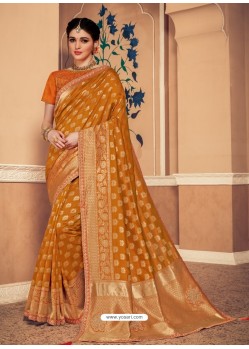 Mustard Latest Designer Party Wear Banarasi Silk Sari