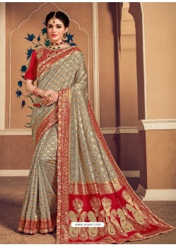 Grey Latest Designer Party Wear Banarasi Silk Sari