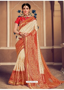 Light Beige Latest Designer Party Wear Banarasi Silk Sari