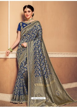 Dark Blue Latest Designer Party Wear Banarasi Silk Sari