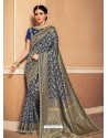 Dark Blue Latest Designer Party Wear Banarasi Silk Sari