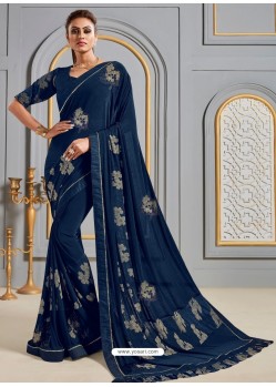 Navy Blue Latest Designer Party Wear Jute Silk Sari