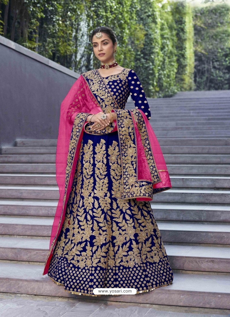 Velvet Embroidered Royal blue Bridal Lehenga Choli with Dupatta - LC5100