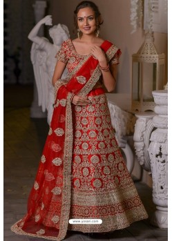 Red Heavy Embroidered Designer Net Wedding Lehenga Choli