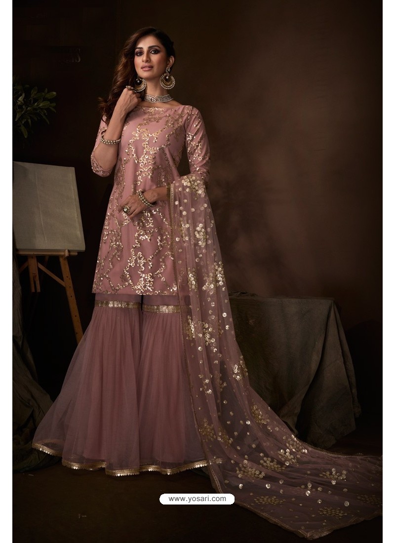 Dusty Pink Latest Heavy Designer Wedding Sharara Salwar Suit