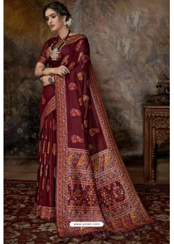 Maroon Party Wear Designer Printed Banarasi Silk Sari