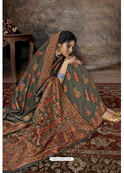 Grey Party Wear Designer Printed Banarasi Silk Sari