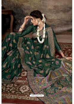 Dark Green Party Wear Designer Printed Banarasi Silk Sari