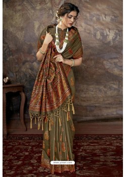 Olive Green Party Wear Designer Printed Banarasi Silk Sari