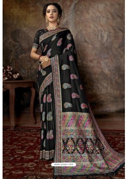 Black Party Wear Designer Printed Banarasi Silk Sari