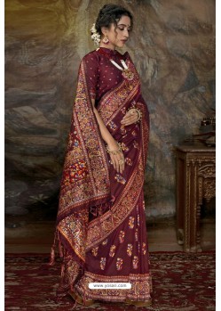 Maroon Party Wear Designer Printed Banarasi Silk Sari