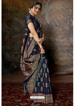 Navy Blue Party Wear Designer Printed Banarasi Silk Sari