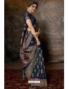 Navy Blue Party Wear Designer Printed Banarasi Silk Sari