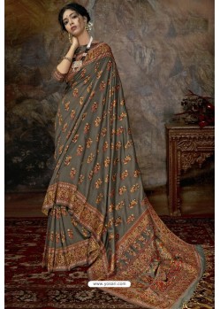 Grey Party Wear Designer Printed Banarasi Silk Sari