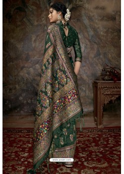 Dark Green Party Wear Designer Printed Banarasi Silk Sari