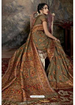 Olive Green Party Wear Designer Printed Banarasi Silk Sari