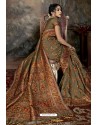 Olive Green Party Wear Designer Printed Banarasi Silk Sari