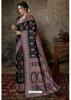 Black Party Wear Designer Printed Banarasi Silk Sari