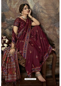 Maroon Party Wear Designer Printed Banarasi Silk Sari