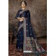 Navy Blue Party Wear Designer Printed Banarasi Silk Sari