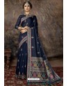 Navy Blue Party Wear Designer Printed Banarasi Silk Sari