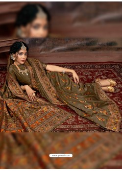 Olive Green Party Wear Designer Printed Banarasi Silk Sari