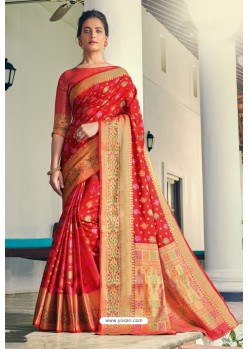 Red Designer Festival Wear Heavy Banarasi Silk Sari