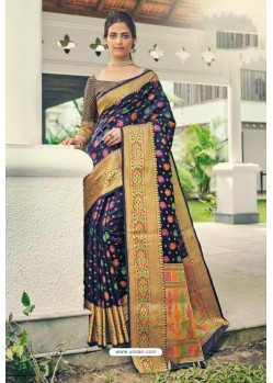 Navy Blue Designer Festival Wear Heavy Banarasi Silk Sari