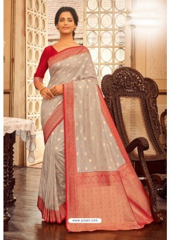 Light Grey Designer Festival Wear Chanderi Cotton Sari