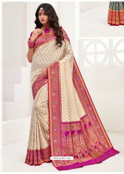 Off White Latest Party Wear Designer Upada Silk Sari