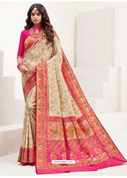 Light Beige Latest Party Wear Designer Upada Silk Sari