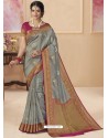 Grey Designer Classic Wear Silk Tissue Crush Sari