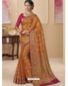 Orange Designer Classic Wear Silk Tissue Crush Sari