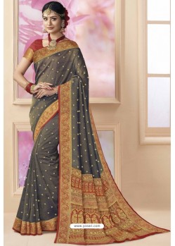 Dark Grey Designer Classic Wear Silk Tissue Crush Sari