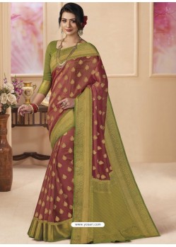 Maroon Designer Classic Wear Silk Tissue Crush Sari