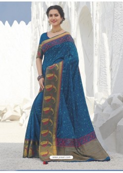 Dark Blue Latest Designer Party Wear Raw Silk Sari