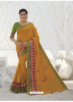 Mustard Latest Designer Party Wear Raw Silk Sari