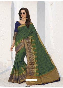 Dark Green Latest Designer Party Wear Raw Silk Sari