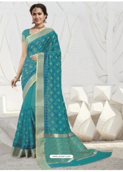 Turquoise Latest Designer Party Wear Raw Silk Sari