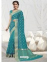 Turquoise Latest Designer Party Wear Raw Silk Sari